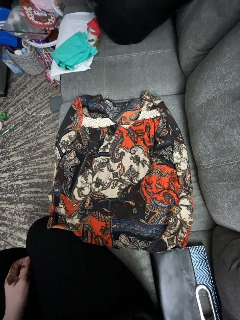 Karen Kane Paisley V-Neck Blouse with Crochet Lace Inset
